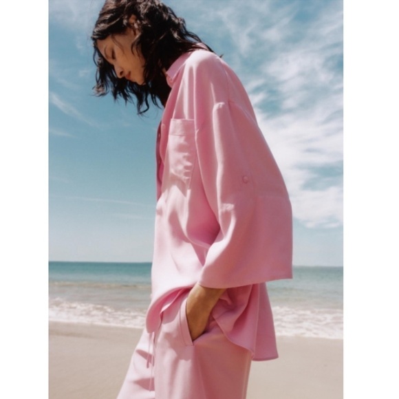 ZARA WOMEN FLOWY PINK POCKET SHIRT ROLLED UP SLEEVES SIZE L .NEW WITH TAGS - Picture 2 of 10